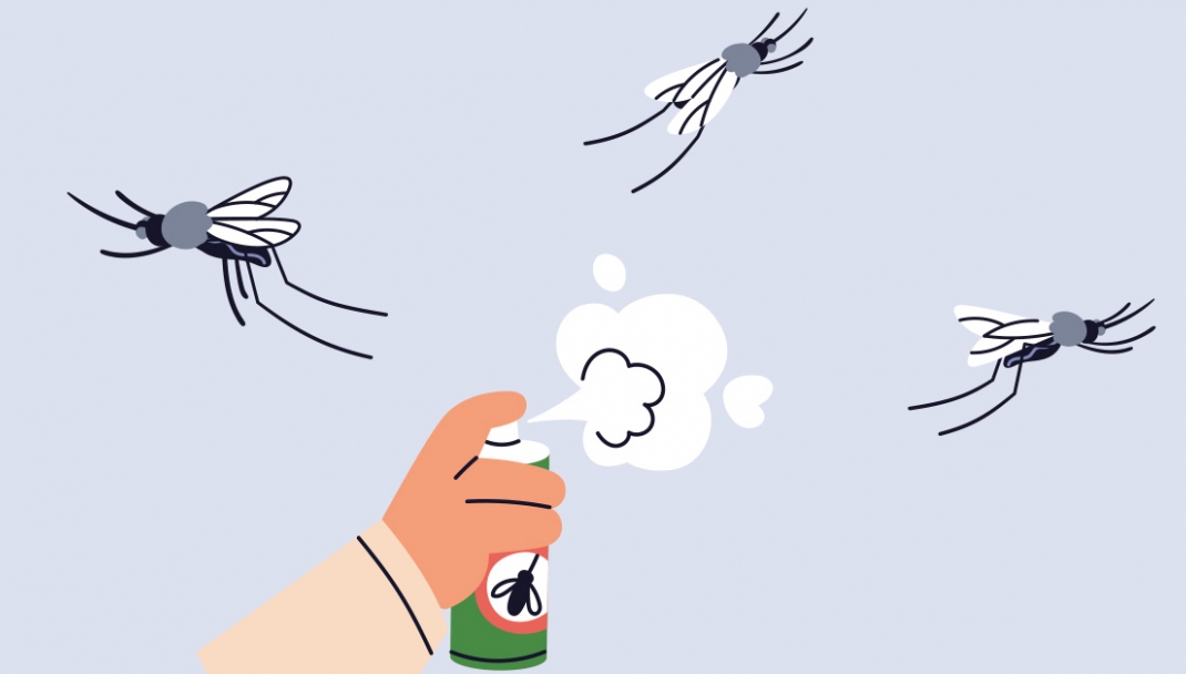 Zanzare, West Nile e Dengue: cosa possiamo fare per proteggerci Immagine grafica di mano che agisce su erogatore di un insetticida e allontana 3 zanzare